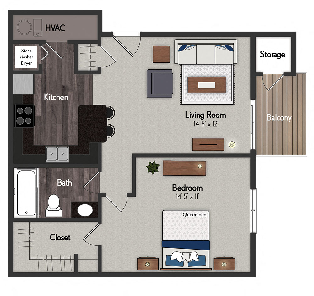 Floor plan for 1 bed, 1 bath, 607 sqft